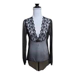 Black Lace and Mesh Deep V - Neck